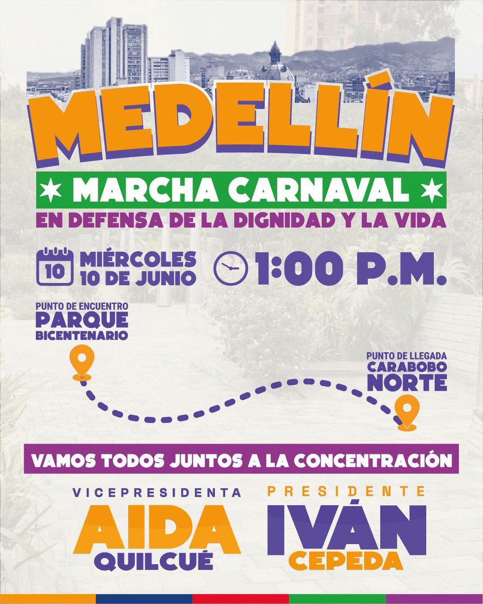 antconcepeda's tweet photo. Medellín se llena de colores, tambores y esperanza. 🫂🫰

Este 10 de junio salgamos a las calles para defender la dignidad y la vida, con la fuerza de la gente que sueña, construye y transforma.

Trae tu alegría, tu bandera de Colombia, la camiseta de tu equipo de fútbol, a tu familia y tu voz para recibir a nuestro próximo presidente. 

💛💙❤️

¡Nos vemos en la Marcha Carnaval!

Porque la vida se celebra y se defiende.

#MedellínPorLaVida #MarchaCarnaval #LaEsperanzaSeCamina