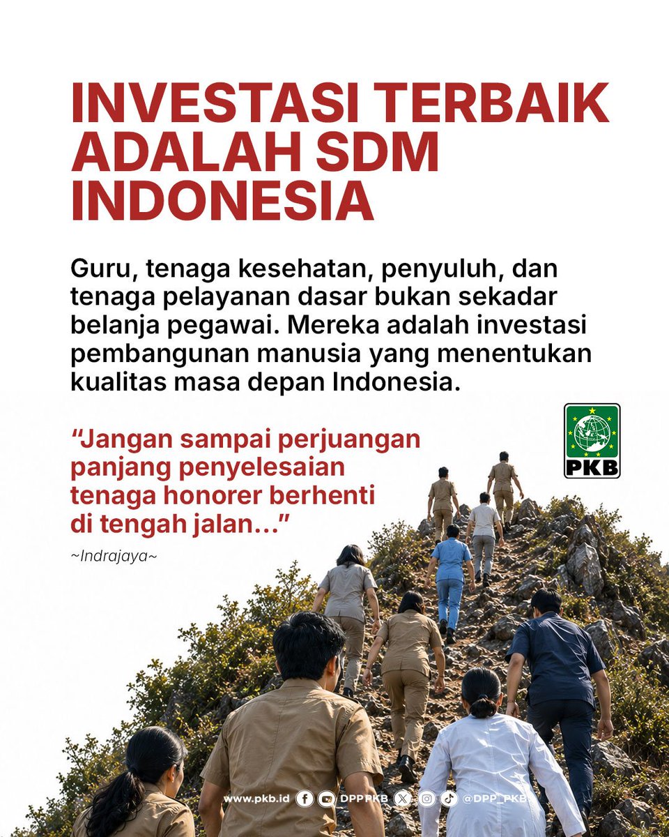 DPP_PKB's tweet photo. Tenaga honorer dan PPPK bukan beban negara, melainkan aset bangsa. Kepastian status dan masa depan mereka harus terus diperjuangkan sebagai bentuk penghargaan atas pengabdian dalam melayani masyarakat.

#PKB https://t.co/EoIvl7jxrD
