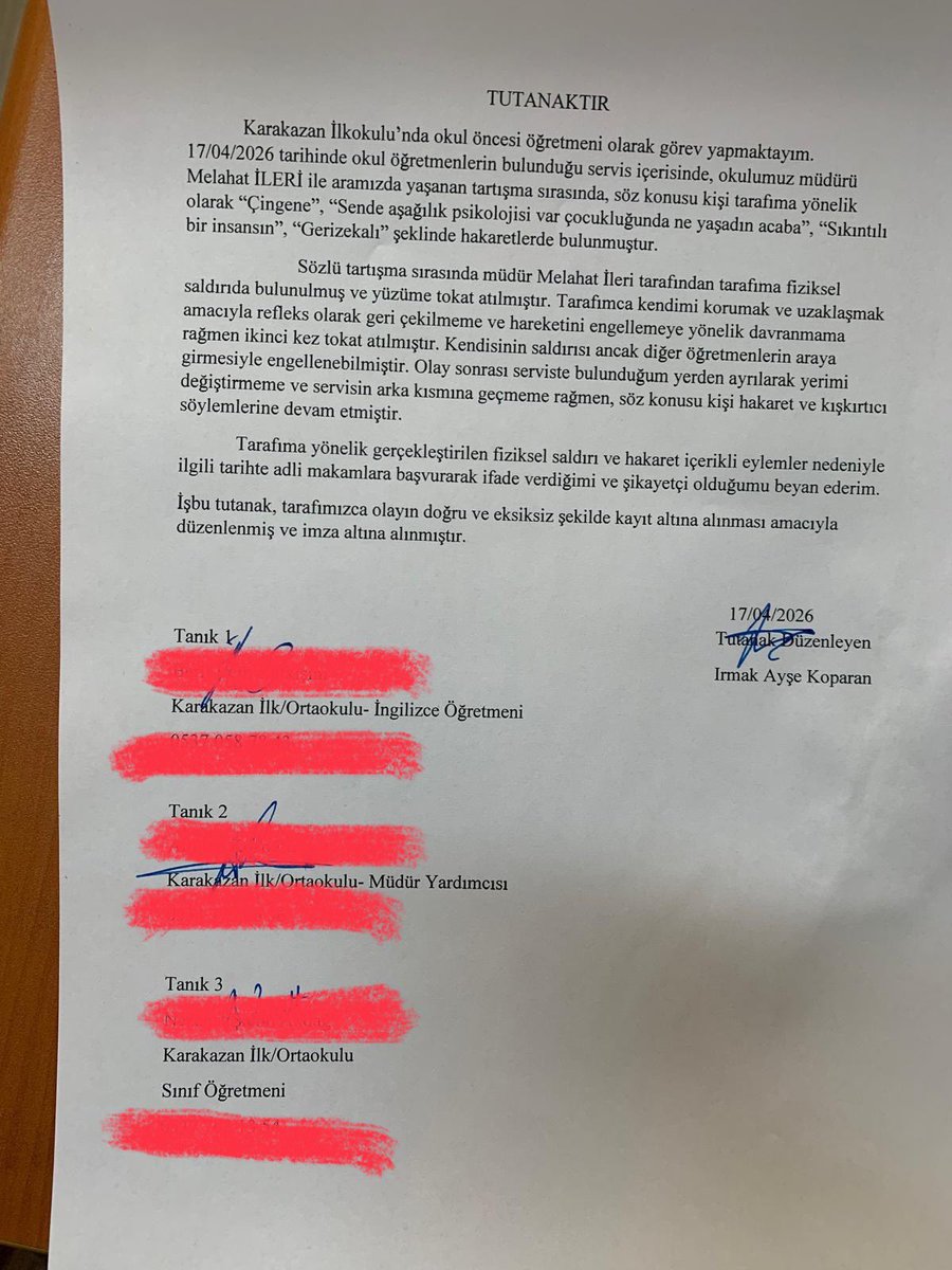 Yedek_Herodot's tweet photo. Irmak Ayşe Koparan öğretmenin 17 Nisan 2026 tarihinde okul müdürü Melahat İleri  tarafından hakarete uğradığı ve 2 defa tokat atılarak darp edildiğine dair tutanak tutulmuş. Bu da o tutanak. Diğer öğretmenler de buna şahit olmuş.  Allah senin belanı versin Melahat https://t.co/n7osEURfTx