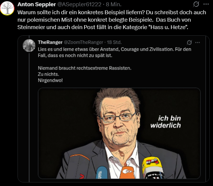 ZoomTheRanger's tweet photo. @ASeppler61222 @BrandnerSt Leider hast du unseren Diskurs verlassen, der bisher gegenseitig erfreulich sachlich verlief, und mich blockiert. Ich hätte gern noch Stellung genommen. @BrandnerSt liefert endlose Beispiele für rechtsextreme Hetze. https://t.co/7XfqIxi9zF