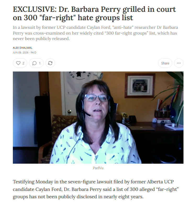 cosminDZS's tweet photo. Academic Barbara Perry was cross-examined by lawyers yesterday in the @caylanford defamation trial

Her "300 far-right hate groups" list came up &amp; Perry admitted that the list was never published because she never got "permission" from the Liberal govt
https://t.co/SauVR0ZaQe https://t.co/EnsEHN1Jo2