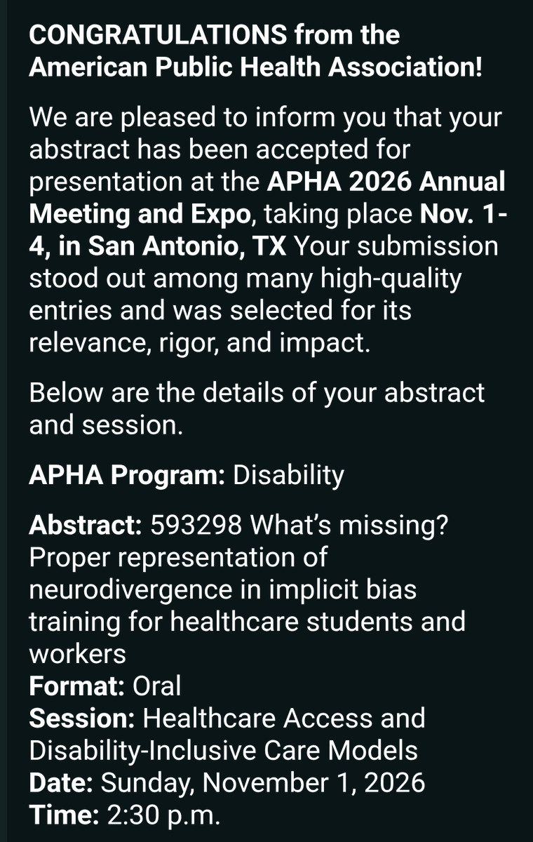 MichelleTeresaW's tweet photo. Very excited to be presenting at the APHA 2026 national conference. Second year in a row I'll be doing an oral presentation!
This year I'll be focusing on implicit bias training and neurodivergence in healthcare.
#disability #apha https://t.co/6qELZKgtug