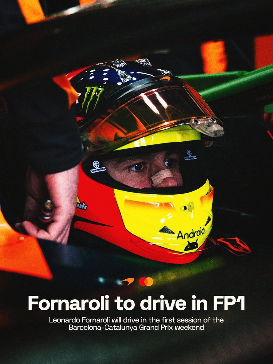 McLarenF1's tweet photo. A special moment for Leo ✨ 

Leonardo Fornaroli will drive in FP1 for the first time in Barcelona 🧡

#McLarenF1 | #BarcelonaGP ☀️ https://t.co/yOA2h3hJ7K