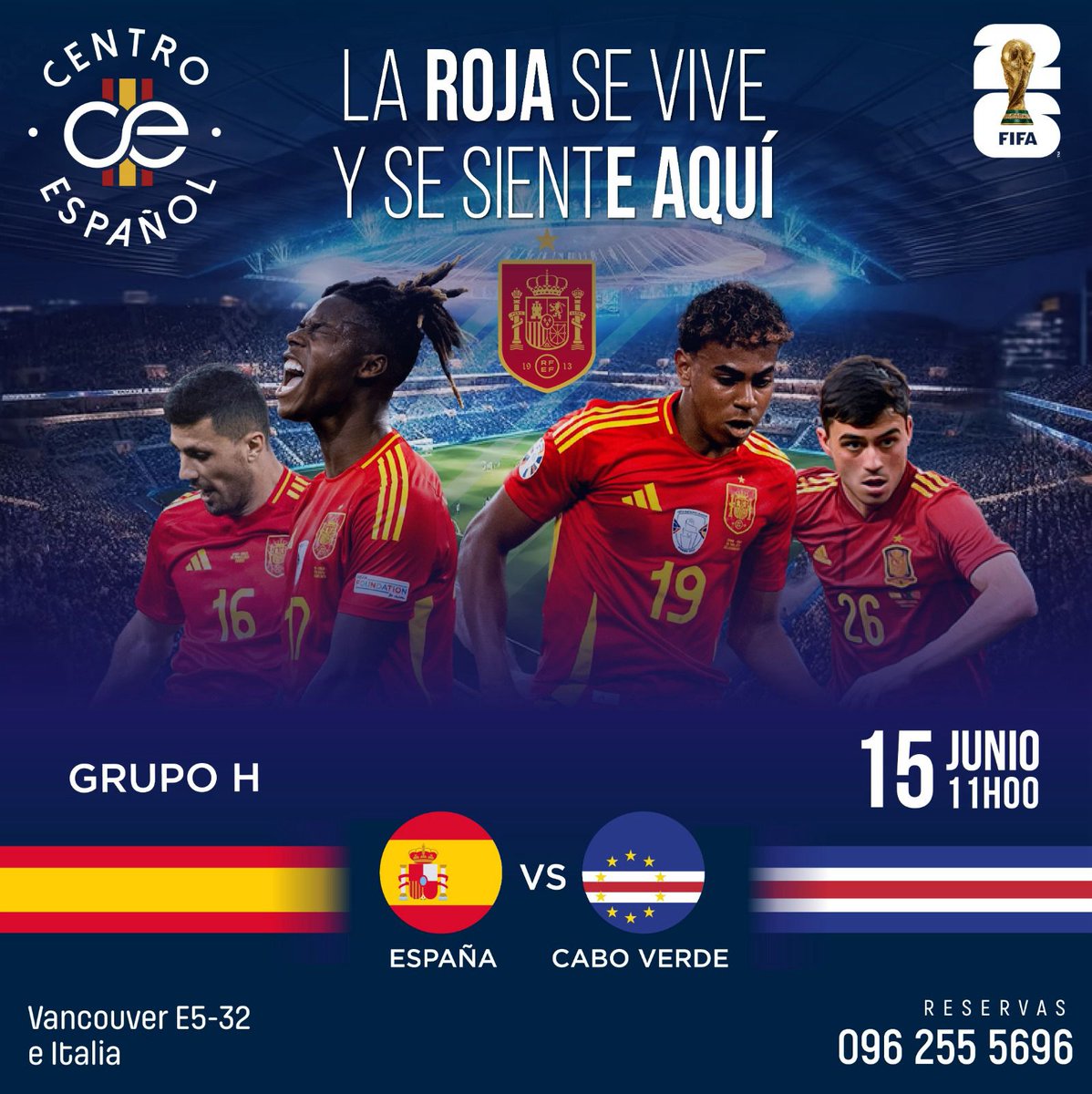 centroespanolec's tweet photo. 🇪🇸¡La Roja se vive y se siente en el Centro Español!

Te invitamos a acompañarnos en la transmisión del primer partido de la Selección Española en el Mundial y a compartir juntos la emoción de apoyar a España.

15 de junio a las 11h00
Reservas y mas información: 
+593 962 555 696 https://t.co/ymumIeFF2s