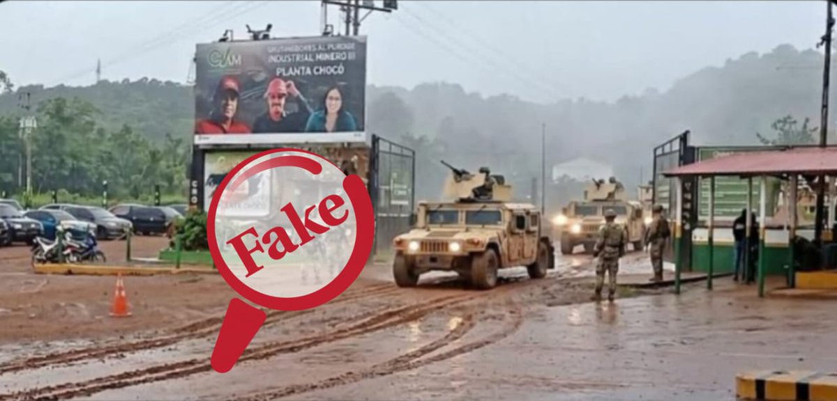 ObservatorioFN's tweet photo. ❌ #FAKE. Fotografía no documenta que militares norteamericanos estén custodiando las minas de El Callao, es una generación con IA.

👀 La imagen que circula en X en realidad tiene origen sintético y no evidencia un supuesto despliegue militar de fuerzas extranjeras en la Planta Chocó (zona minera de El Callao, estado Bolívar, Venezuela).

👉 Se introdujo la gráfica en GEMINI y arrojó: “Se detectaron huellas digitales de generación sintética en el archivo y varios errores visuales típicos de la IA: deformación de las ruedas del vehículo militar, el aspecto difuso del armamento y las siluetas inconsistentes de los soldados”.