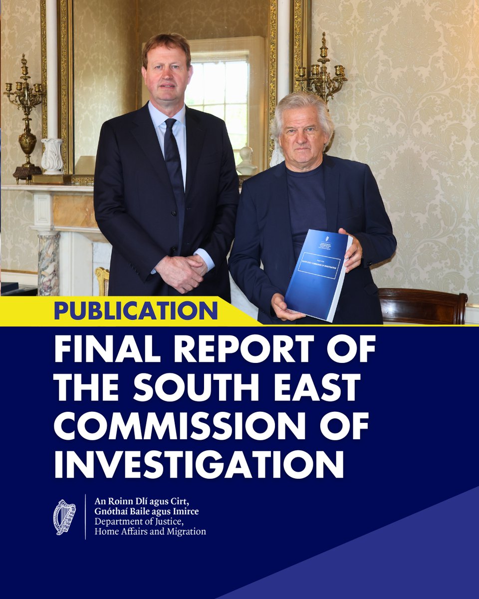 Photo of Minister O'Callaghan and retired Judge of the High Court, Michael White.
Text reads: "Publication, Final Report of the South East Commission of Investigation".