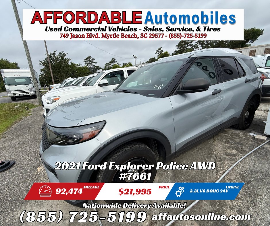 AffAutos749's tweet photo. 🚚 Affordable Automobiles: South Carolina’s Used Commercial Vehicle Headquarters! 🚛
2021 Ford Explorer Police AWD
⭐ Stock #7661
✅ 92,474 miles
✅ 3.3L V6 DOHC 24V Engine
✅ Nationwide delivery available!

At Affordable Automobiles, we’ve specialized in one-owner, fleet-maintained commercial vehicles for over 18 years. From box trucks and flatbeds to service vans and dump trucks, we’ve got the work vehicles your business needs!

📍 Visit us: 749 Jason Blvd, Myrtle Beach, SC 29577
🌐 Browse inventory: https://t.co/kNc4lBUvs1
📞 Call: (855) 725-5199
*Must mention social media special price at time of purchase*
Price shown excludes tax, title, and license.

Affordable Automobiles – All Roads Lead to Affordable.
#UsedTrucks #MyrtleBeach #AffordableAutomobiles