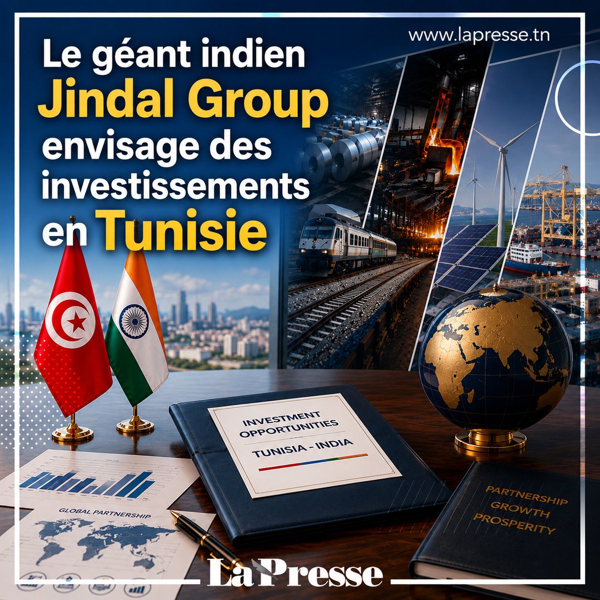 LaPresseTunisie's tweet photo. 🇹🇳🇮🇳 Le géant indien #JindalGroup s’intéresse à la Tunisie.
Actif dans l’acier, l’énergie, les infrastructures et les ports, le groupe envisage des investissements dans le pays et prévoit une visite de prospection prochainement.
👉 Lire l’article : https://t.co/bWYn127OHk
#Tunisie #Inde #Investissement #IDE
