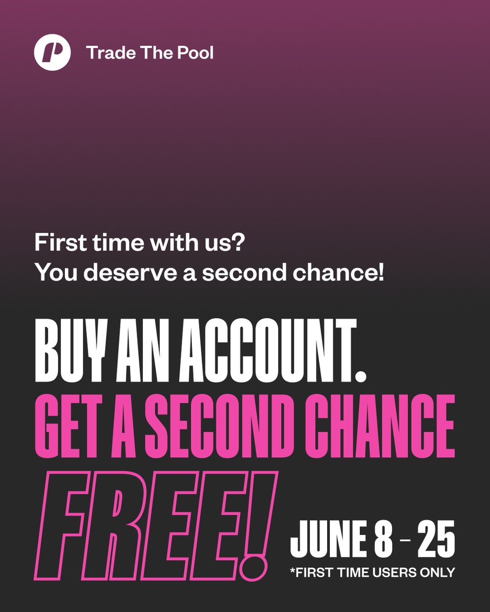 traderTVLIVE's tweet photo. 🚨 LIMITED-TIME OFFER @TradeThePool
Buy one challenge.

  Get a second chance FREE.
June 8 - June 25 ONLY!

👉 Get Your Second Chance Before It's Gone
  https://t.co/rGpmB3lI98 https://t.co/bCkFhfQ0mc