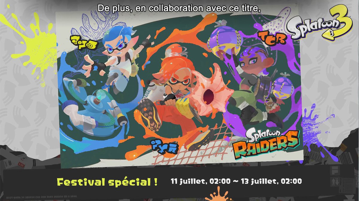 NintendHOME's tweet photo. 🚨 Plus de détails dévoilés sur Splatoon Raiders. Il y aura un Splatoon Raiders Direct le 30 juin, un festival spécial dans Splatoon 3 du 11 au 13 juillet et de nouvelles couleurs de Joy-Con le 23 juillet avec le jeu. https://t.co/jdLz8pEKN1