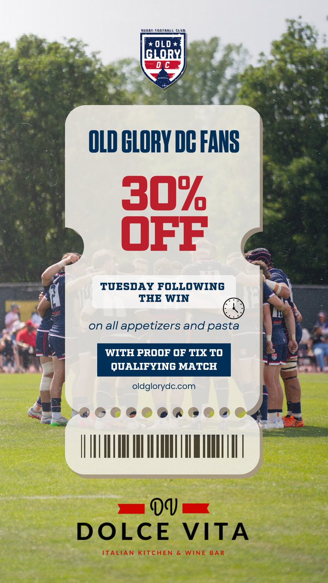 OldGloryDC's tweet photo. It’s victory Tuesday!! 🎉🏉 And in our house that means that Old Glory DC fans, with proof of ticket to that qualifying match, receive 30% off all appetizers and pasta at Dolce Vita Fairfax

@usmlr | #MLR2026

#MLRPlayoffs2026 #OldGloryDC #DCSports https://t.co/xjtzb1DOjT