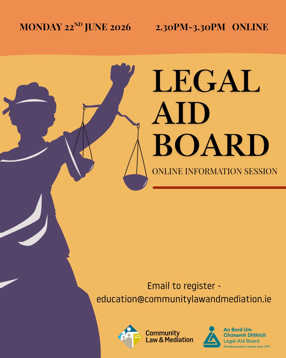 CLMirl's tweet photo. Join us on Monday 22nd June online from 2.30-3.30pm for a FREE information talk on the Legal Aid Board, it’s services and how to access it.

The session will be led by Jean Orr, solicitor with the Legal Aid Board.

Please email:
education@communitylawandmediation.ie to register. https://t.co/zSYFJ347VP
