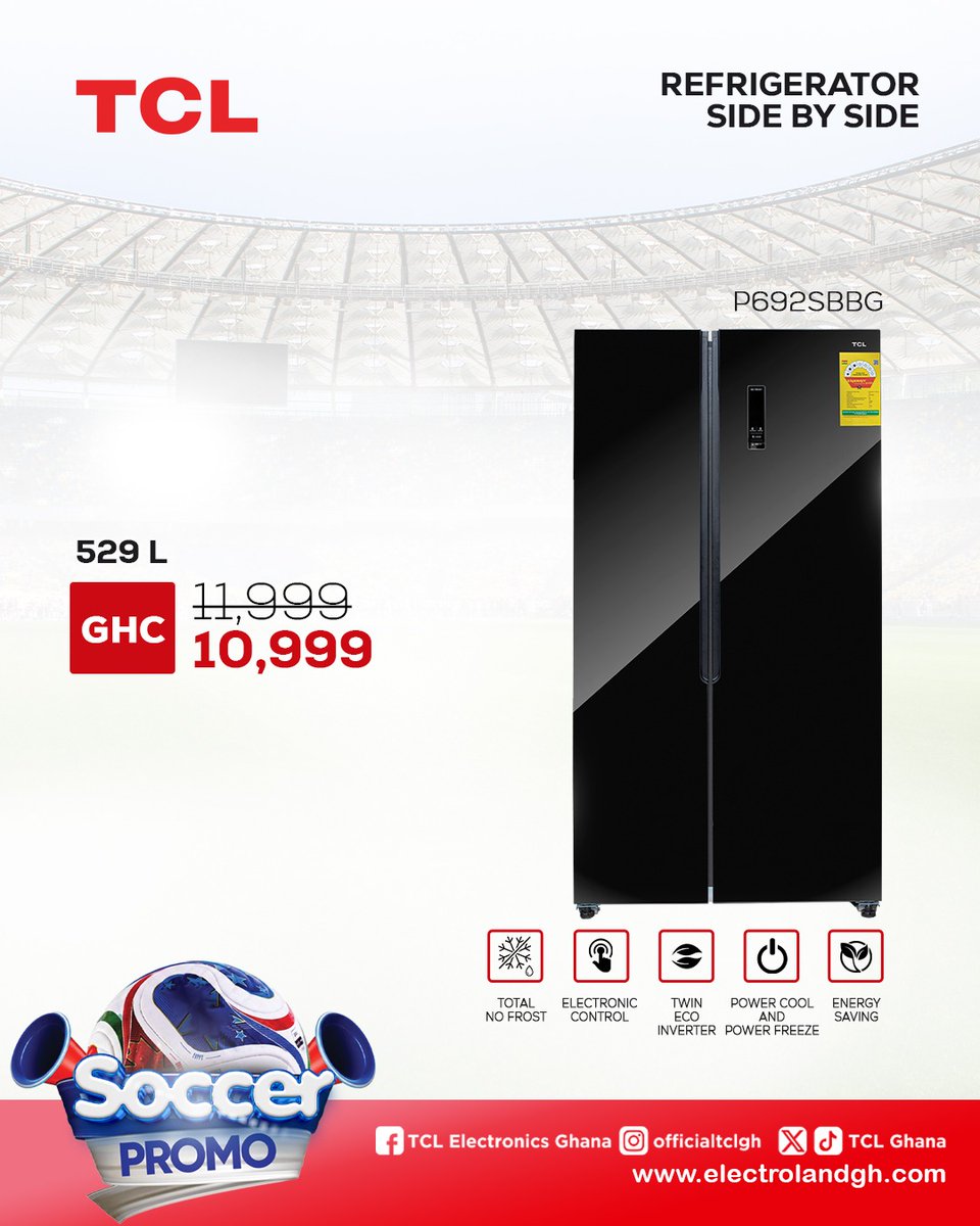 ELECTROLANDGH's tweet photo. Every great match deserves great cooling! 
Bring home a TCL Fridge and enjoy fresh food, chilled drinks, and exciting rewards with our Soccer Promo. It's time to upgrade your kitchen and celebrate every goal in style!
Visit our stores today and be part of the winning team. 

Call/WhatsApp 050 315 9739 for enquiries and assistance.

#TCLFridge
 #FreshnessWins 
#GoalForMore 
#TCLGhana