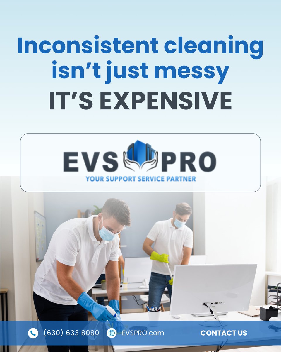 EVSPro1's tweet photo. Cheap, inconsistent cleaning always costs more in the long run.
Choose a reliable partner to keep your facility spotless, safe, and productive.
Visit at https://t.co/Fa9oGed81W or call 630-633-8080.

#CommercialCleaning #FacilityManagement #BusinessOperations #CostVsValue https://t.co/roTRy2H7Zl