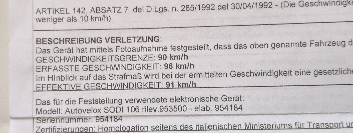 UruleIrock's tweet photo. @lola_und_chris Bin vor einem Jahr in Italien angeblich 96 bei 90 gefahren, abzüglich Toleranz von 5kmh noch 91 statt 90. Macht dann 76 EUR. BTW Brief kam ziemlich genau 1 Jahr später bei mir an. https://t.co/GN0qnQGwzm
