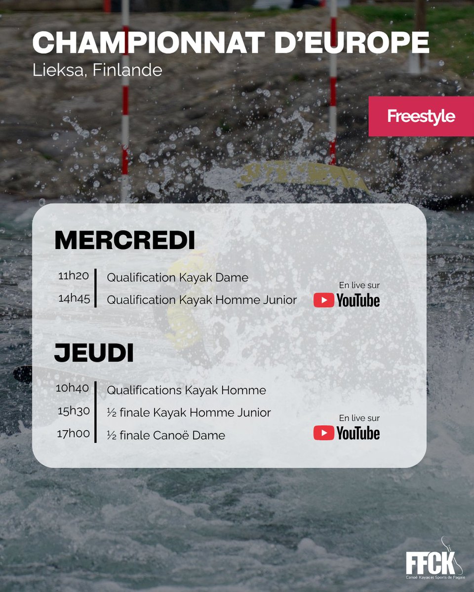 FF_CanoeKayak's tweet photo. 4️⃣ compétitions sont au programme des tricolores 🇫🇷 cette semaine
👉 Championnat d'Europe Freestyle
👉  Championnat d'Europe Sprint &amp; Paracanoë
👉  Coupe du Monde Slalom étape 3
👉  Coupe du Monde Descente étapes 3 &amp; 4

Retrouvez le programme complet ci-dessous ⬇ https://t.co/ORtY5m7cny