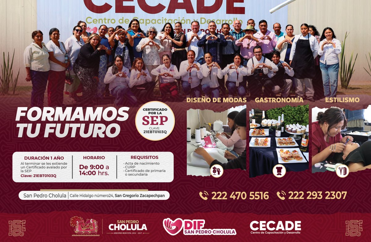 CholulaDIF's tweet photo. ✨💜 ¿Quieres aprender una profesión y abrir nuevas oportunidades?

En CECADE contamos con carreras con certificación SEP en:
👗 Diseño de Modas
👨‍🍳 Gastronomía
💄 Estilismo

INFORMES
📞 222 470 5516 | 222 293 2307
🩷 ¡Inscríbete y forma tu futuro con nosotros!
#DIFSanPedroCholula https://t.co/rPzZsFV9bW