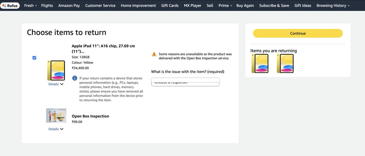 Rohan_1204's tweet photo. @amazon @amazonIN @AmazonHelp i recevd iPad a16 with open box, but then at very first switch on panel started heated, its been almost 1 hour it has not moved screen from setup and charging is not working. tried replace bt there is no option to select or proceed. Contact me asap https://t.co/NcyiJ3ERdD