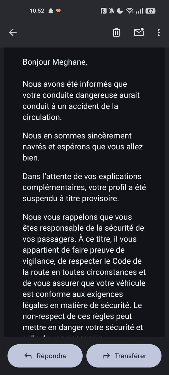 mxghvne's tweet photo. @BlaBlaCar_FR
Bonjour. j'ai été victime d'un accident de voiture, je ne suis en AUCUN CAS responsable. est ce que c'est normal de recevoir ce genre de mail ? je suis traumatisée du choc de mon accident, et je reçois un mail d'une telle violence ??
vous trouvez ça normal ? https://t.co/FJufGAziQv