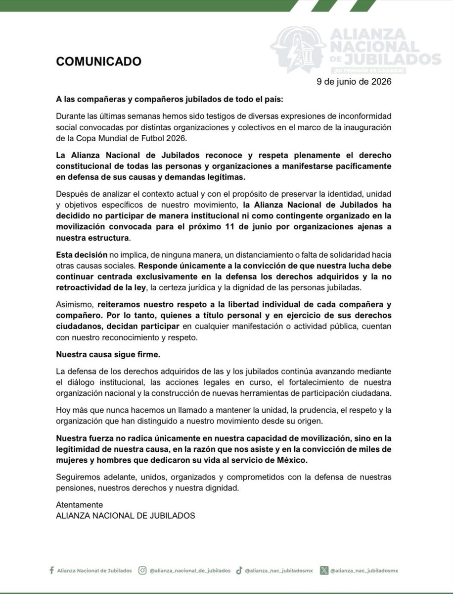 jubiladosmx's tweet photo. La Alianza Nacional de Jubilados no participará en la marcha del 11 de junio convocada por otros grupos.

Nuestra lucha sigue donde siempre: defender las pensiones ganadas, los derechos adquiridos y la no retroactividad de la ley.

#MiPensiónEsGanada https://t.co/xIgZE70ApP