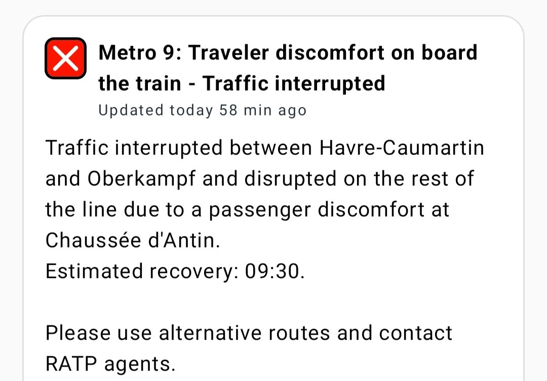 vince75016's tweet photo. @Ligne9_RATP are you planning to win the worst metro line contest?!? boost the speed, your drivers too slow and everyday a "merde". #congested #slow @HidalgoAres_ @iledefrance @vpecresse vous savez lire English ?!? @SebLecornu @GabrielAttal @JeanCASTEX https://t.co/i0DRKH9JLt