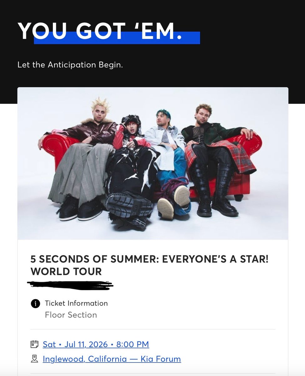 bleachedxheart's tweet photo. It’s official, I’m seeing 5sos a second time and it’s my first concert alone. I had to see them from the floor in LA. I miss my boys so much. I’ve been suffering the past few months not knowing what’s going on. I deserve this! https://t.co/p65xaN06jO