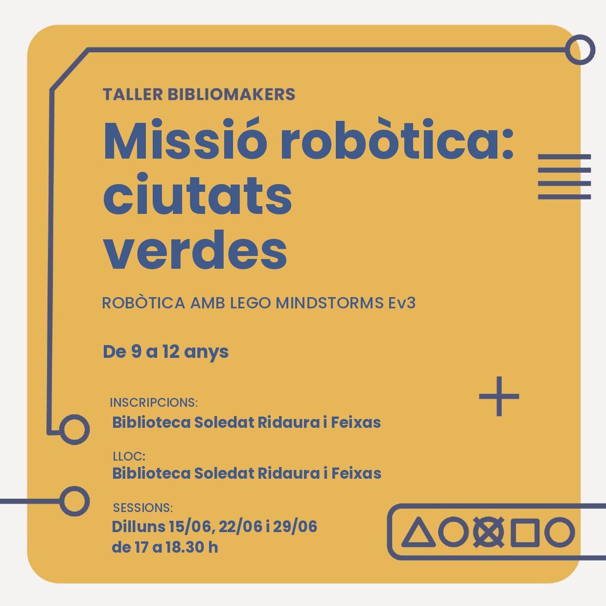 BIBLIOSHS's tweet photo. 📢 Últimes places i últims dies per inscriure's!!!

🤖 MISSIÓ ROBÒTICA: CIUTATS VERDES 🏡
Robòtica amb Lego Mindstorms Ev3

👉 De 9 a 12 anys

Projecte coordinat per @bibgirona 
@santhilari  #bibliomakers 
@bibliotequescat https://t.co/oWDAknBEcK