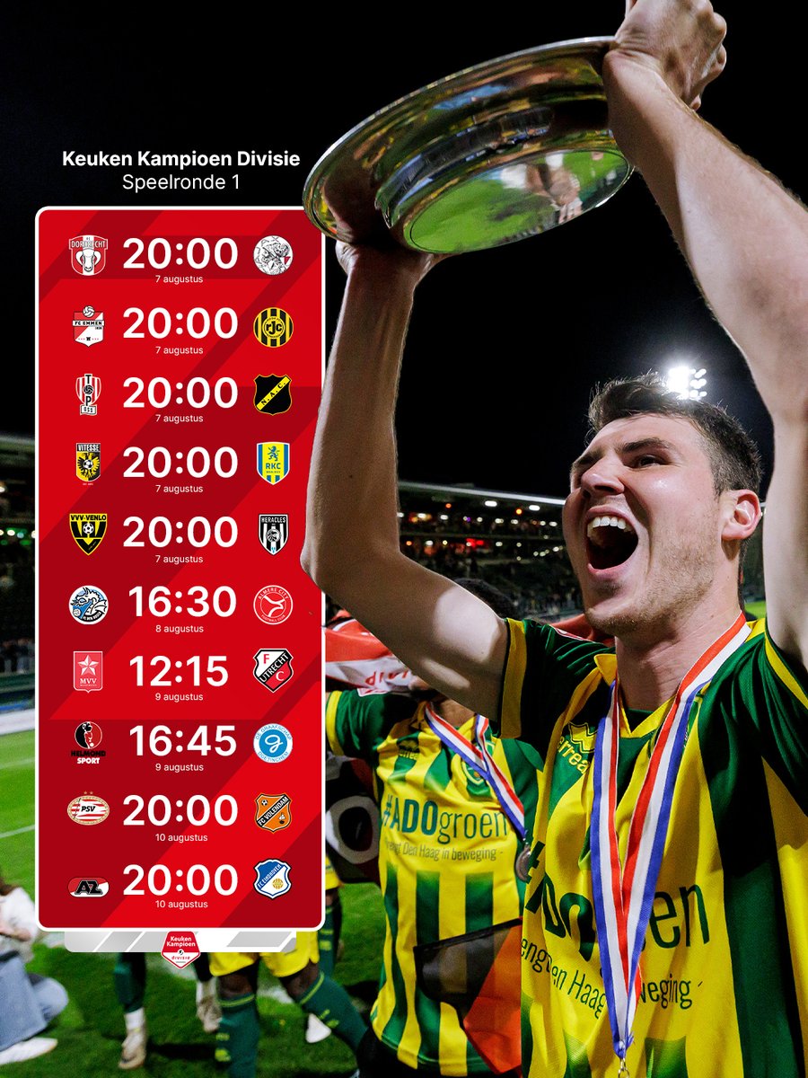 1e_Divisie's tweet photo. 𝗦𝗽𝗲𝗲𝗹𝗿𝗼𝗻𝗱𝗲 𝟭 𝗶𝘀 𝗯𝗲𝗸𝗲𝗻𝗱! 🆕📆

Vrijdag 7 augustus trappen we het gloednieuwe Keuken Kampioen Divisie-seizoen af! 🍿

Wie wordt de nieuwe kampioen? 🏆👀

#KeukenKampioenDivisie https://t.co/31PaKUIOdn