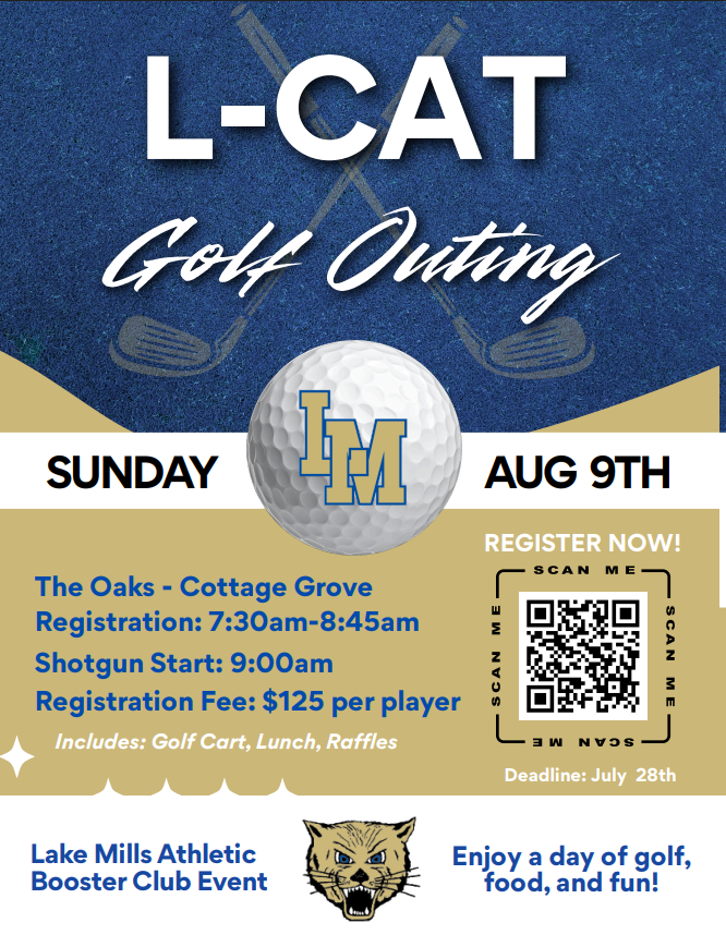 LcatsAthletics's tweet photo. ๐
Mark your calendars!
๐๏ธ June 17 & 18: Lake Mills Apparel Parking Lot Sale. Check out the flyer for details.
โณ August 9: Booster Club Golf Outing. Scan the QR code to register!
#LCatPride https://t.co/09ULcpRyGr