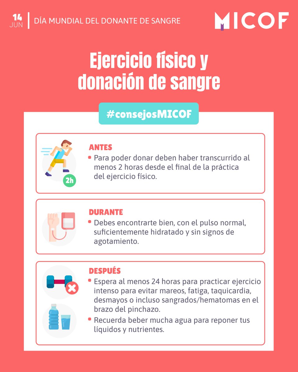 micofvlc's tweet photo. 📌📅 En el Día Mundial del Donante de Sangre compartimos unos #consejosMICOF para aquellos donantes que realizan ejercicio físico con regularidad.

🏃‍♀️🏋️‍♀️ Hacer ejercicio físico y donar sangre son acciones compatibles, pero siempre cumpliendo las siguientes recomendaciones. 👇 https://t.co/GouHiwc6nT
