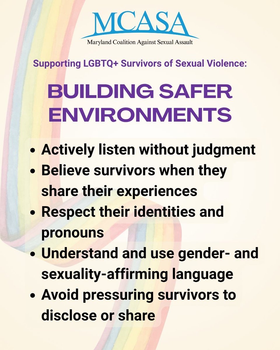 MCASAorg's tweet photo. When LGBTQ+ survivors of SV feel safe &amp; respected they’re more likely to disclose &amp; accept support. Help create safer environments by actively listening &amp; using words that reflect their identities &amp; experiences. Learn gender- &amp; sxuality-affirming language: https://t.co/y68qSu6mgs https://t.co/old8uYZOai