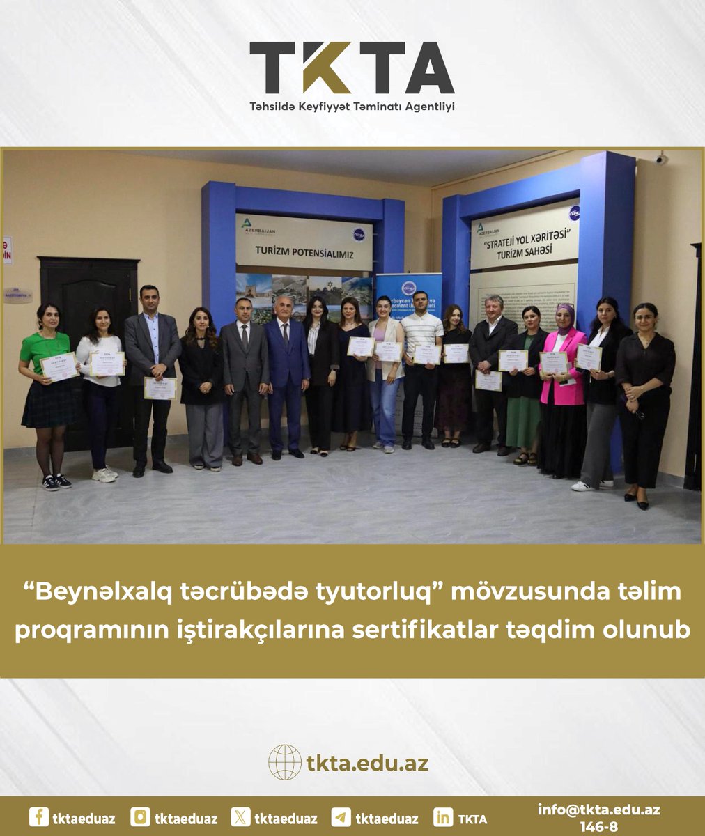 tktaeduaz's tweet photo. 📌 “Beynəlxalq təcrübədə tyutorluq” mövzusunda təlim proqramının iştirakçılarına sertifikatlar təqdim olunub

👉 Ətraflı oxu: https://t.co/13hYUT4hdf

#TəhsildəKeyfiyyətTəminatıAgentliyi #TKTA #ATMU #TəlimProqramı #Peşəkarİnkişaf #SertifikatTəqdimatı https://t.co/q3VUHDKCpd