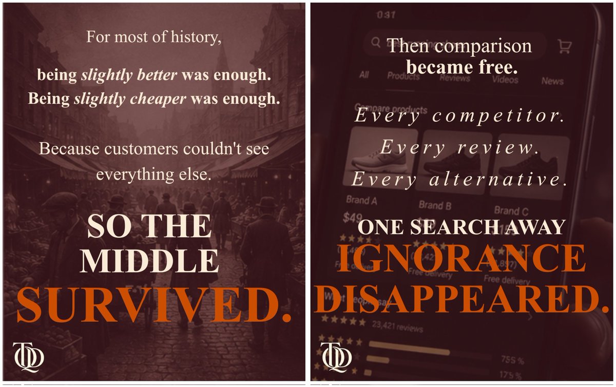 TheQuantDigest's tweet photo. The internet didn't kill average businesses.

It made average visible.

And visibility has no sympathy for "good enough." 

#BusinessStrategy #MarketPsychology #ConsumerBehavior #DigitalEconomy #CompetitiveAdvantage https://t.co/DSBCGetbnR