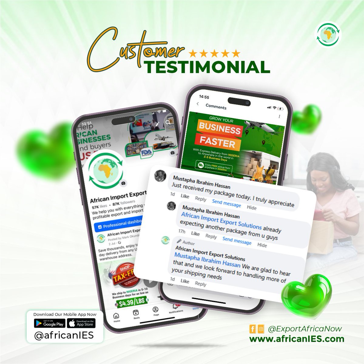 ExportAfricaNow's tweet photo. Real people. Real deliveries. Real results.

Join thousands of satisfied customers who trust AfricanIES for their shipping needs.

Visit https://t.co/I7zvofLmd3 to get started today.

#CustomerTestimonial #TrustedShipping #AfricanIES #GlobalDelivery #ExpressShipping https://t.co/56wWP0qN7W
