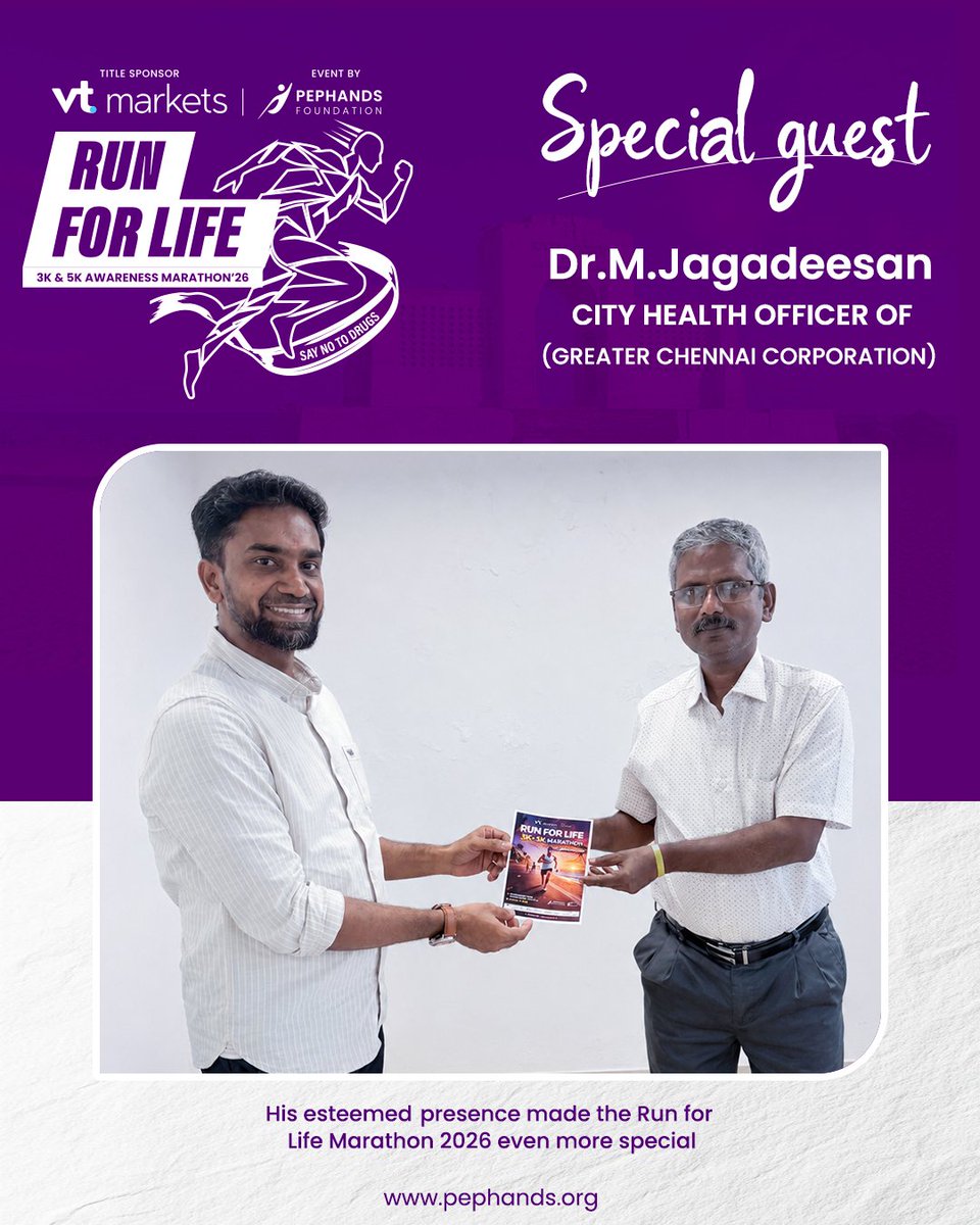 Pephands_org's tweet photo. Special Guest Announcement – Run for Life Marathon 2026 🌟

We are honoured to have Dr. M. Jagadeesan, City Health Officer, Greater Chennai Corporation, as our Special Guest for the Run for Life Marathon 2026.

His valuable support and esteemed presence strengthen our mission to create awareness for a drug-free and healthier society. Together, let's take every step towards a brighter, healthier future.

🏃‍♂️ Run for a Cause
🚫 Say No to Drugs
💜 Run for Life Marathon 2026

📅 Join us and be a part of this movement!
🔗 Registration link in our bio.

#pephandsfoundation #runforlifemarathon #runforlife2026 #saynotodrugs #drugfreeindia