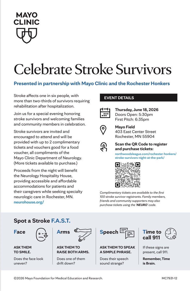 mayoneurores's tweet photo. ⚾ Join us for a special evening honoring stroke survivors on June 18! Proceeds from the night will benefit the Neurology Hospitality House, providing accommodations for patients and their caregivers while seeking specialty neurologic care in Rochester. #MayoNeuroResidency https://t.co/w3Y2TQ5BL6