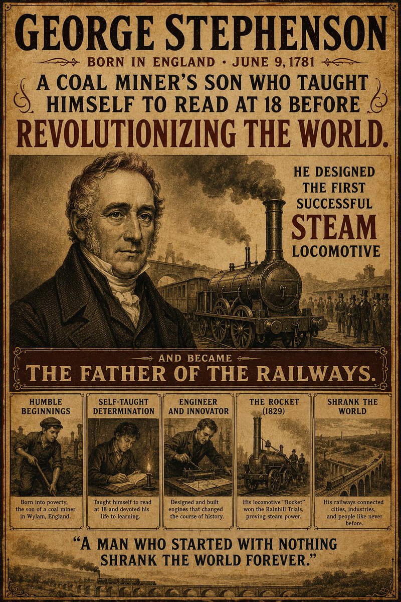 OpStyles007's tweet photo. June 9, 1781 — George Stephenson was born in England, a coal miner's son who taught himself to read at 18 before revolutionizing the world. He designed the first successful steam locomotive and became the father of the railways. A man who started with nothing shrank the world forever.