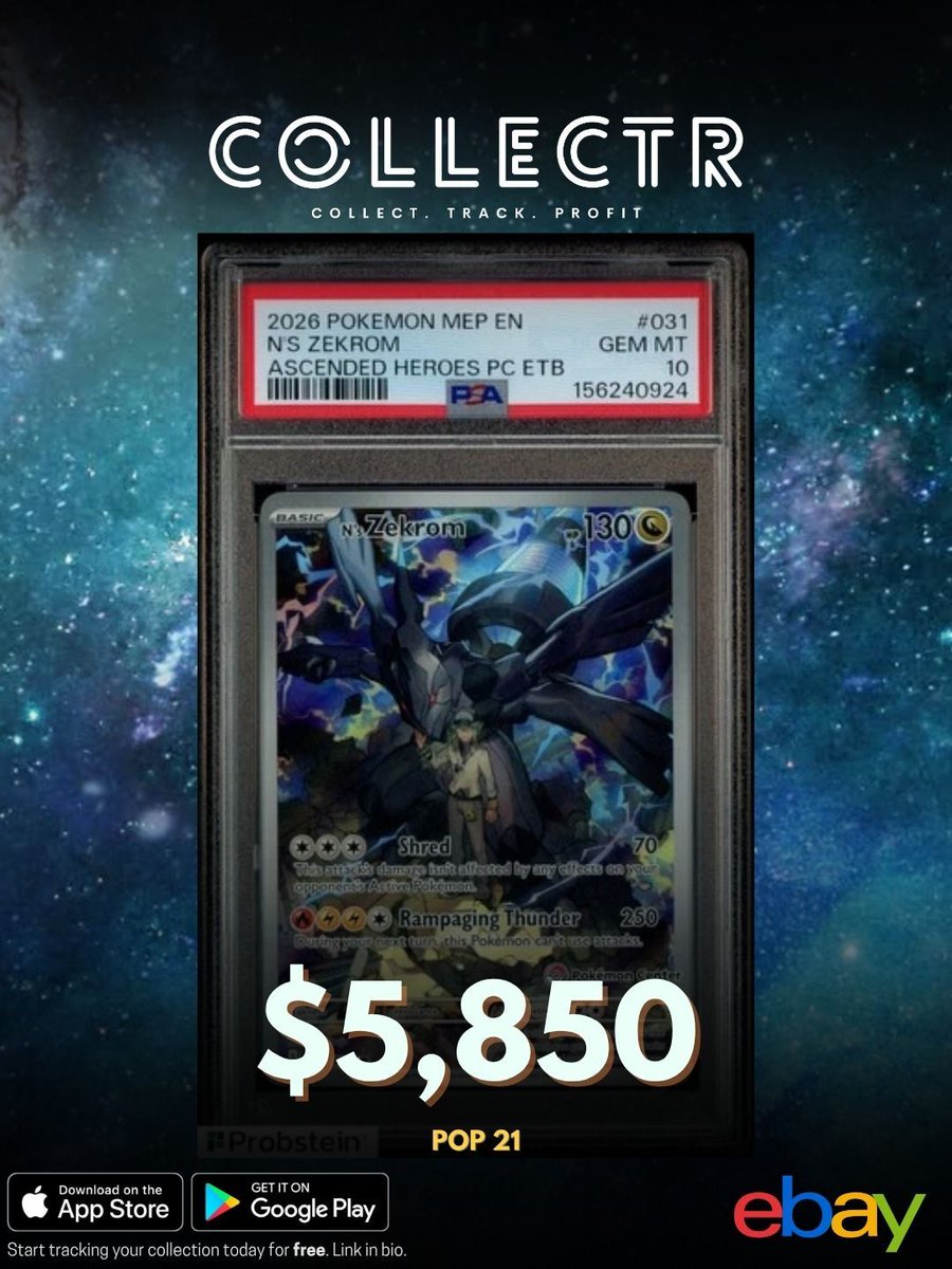 getcollectrapp's tweet photo. A PSA 10 N's Zekrom Pokémon Center promo from the Ascended Heroes ETB just sold in auction on eBay for $5,850.

Where do you think this card settles long term?

#collectr #pokemon #zekrom #psa10 #ascendedheroes https://t.co/DWj1Saj3h5