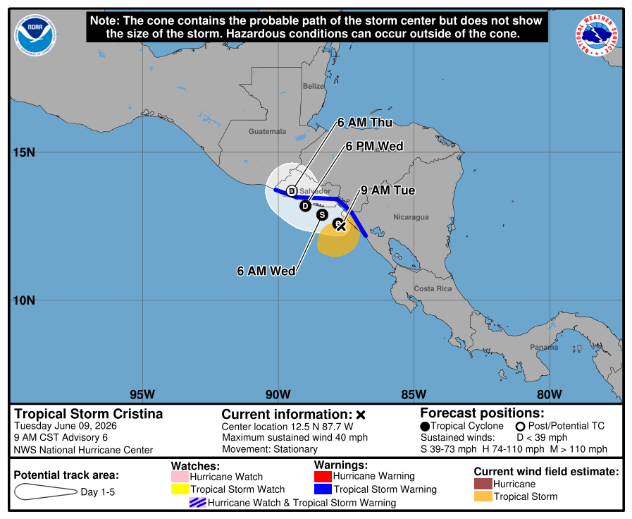 atlanticstorms's tweet photo. #TROPICALSTORMCristina [Heading Change:Speed Incr] Heading at @ mph mph. Wind @ 40 mph. Location N:12.5 W:-87.7 #Hurricane #Cristina $NIXX https://t.co/HpDNcemfNI