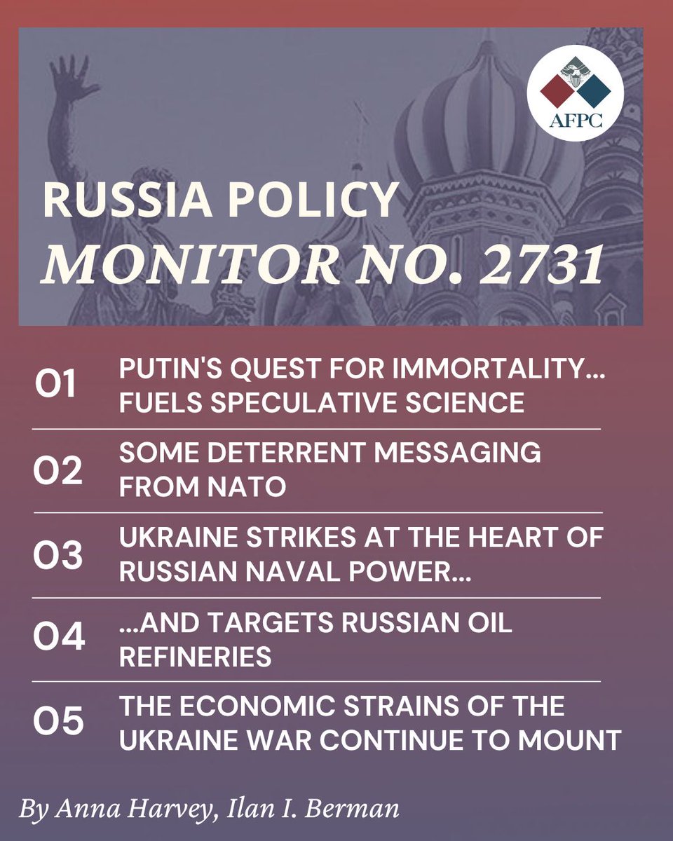 afpc's tweet photo. RUSSIA POLICY MONITOR NO. 2731

01: Putin's quest for immortality... fuels speculative science 
02: Some deterrent messaging from NATO 
03: Ukraine strikes at the heart of Russian naval power... 
04: ...And targets Russian oil refineries 
05: The economic strains of the Ukraine war continue to mount

Read RPM No. 2731 here: https://t.co/ZePgor48VX 

#Russia #Putin #Ukraine #DefenseStrategy #ForeignPolicy