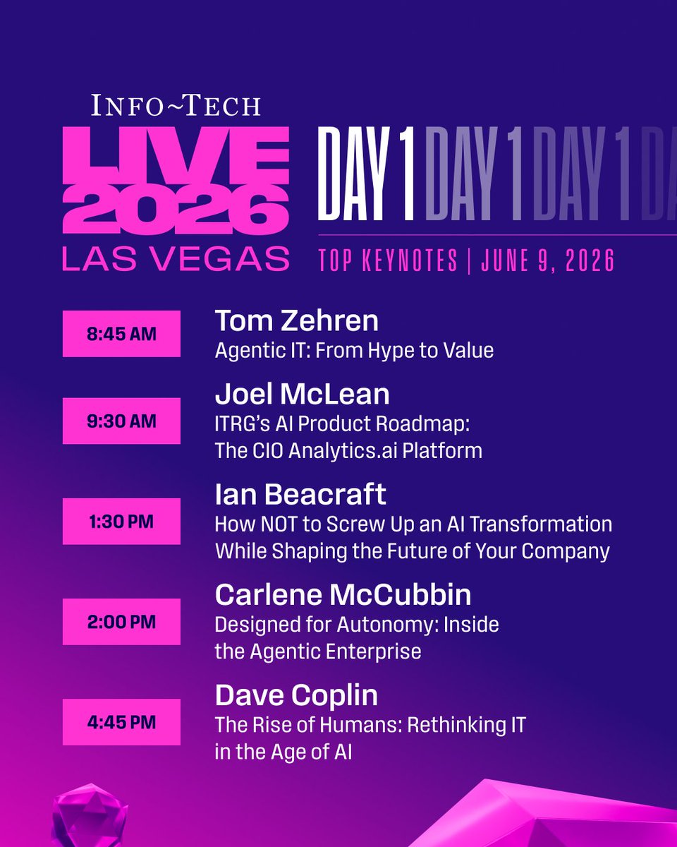 infotechRG's tweet photo. Good morning, Las Vegas ☀️

Day 1 of #InfoTechLIVE 2026 is officially underway.

From Agentic IT to AI transformation and the future of work, today’s conversations are all about what comes next.

Let's get started.

#InfoTechLIVE #AI #TechConference https://t.co/77sto5Kt4R