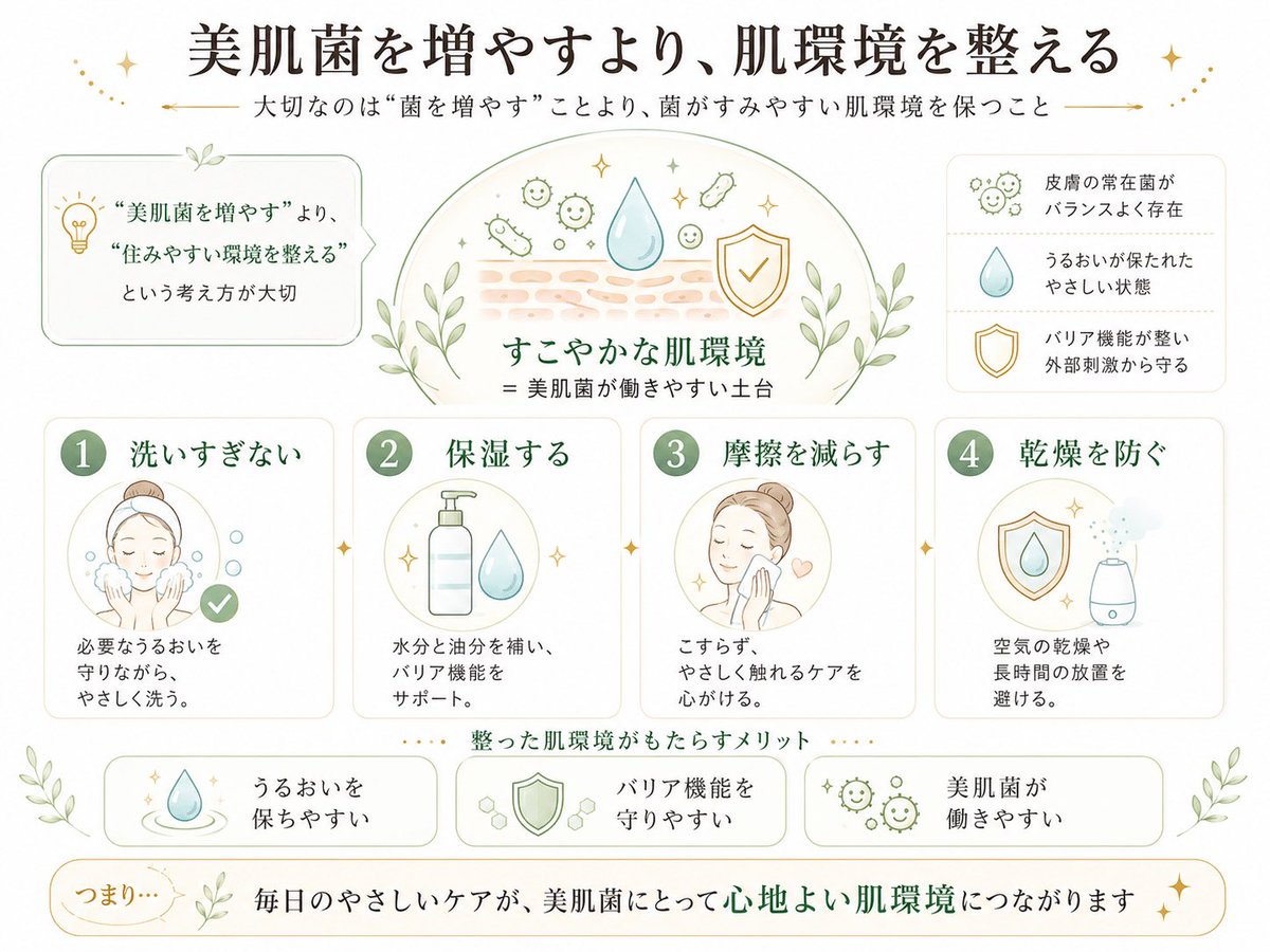 BioMedi_info's tweet photo. 美肌菌は「増やす」よりも、「育ちやすい肌環境を整える」ことが大切です。

肌フローラのバランスを保つために意識したいこと👇

・洗いすぎない（必要な皮脂まで落とさない）
・洗顔後はすぐ保湿する
・スキンケア時の摩擦を減らす
・乾燥を防ぐ

特定の菌を増やそうとするよりも、肌が本来持つバランスを崩さないことが健やかな肌への近道です。
