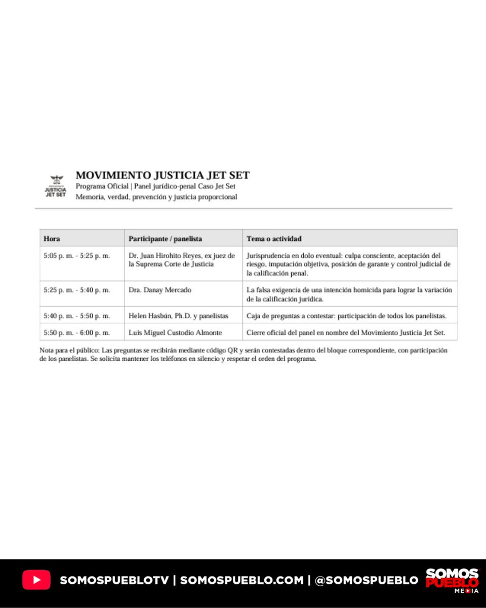 RDSomosPueblo's tweet photo. El Movimiento Justicia Jet Set anunció la celebración del panel titulado "El límite entre la culpa y el dolo eventual: Una mirada penal y social al caso Jet Set". El evento académico y de análisis jurídico se llevará a cabo este miércoles 10 de junio de 2026, desde la 1:00 p. m. hasta las 6:00 p. m., en el Paraninfo Profesor Ricardo Mitchell de la Facultad de Ciencias Económicas y Sociales de la Universidad Autónoma de Santo Domingo (UASD). El objetivo central de la actividad es analizar los elementos técnicos que, según los organizadores, sustentan la necesidad de una recalificación jurídica del expediente hacia homicidio voluntario con dolo eventual.

El programa oficial de la actividad contará con la participación de destacados especialistas en diversas disciplinas. El bloque inicial incluirá ponencias de carácter técnico y social, destacando la intervención de la periodista Camila García Durán con una investigación sobre alertas previas; la arquitecta Mariela K. Encarnación Báez abordando temas de permisología y aforo; la doctora Natasha Ramírez en el área de criminología forense; y el ingeniero Andrik Soto analizando el riesgo estructural de la edificación. Asimismo, los aspectos doctrinarios del dolo eventual serán debatidos por juristas como el doctor Yan Carlos Martínez Segura y el doctor Juan Tomás Vargas Decamps.

Amplía esta y otras noticias en nuestra página web https://t.co/LL2u5zFceM 📲.
