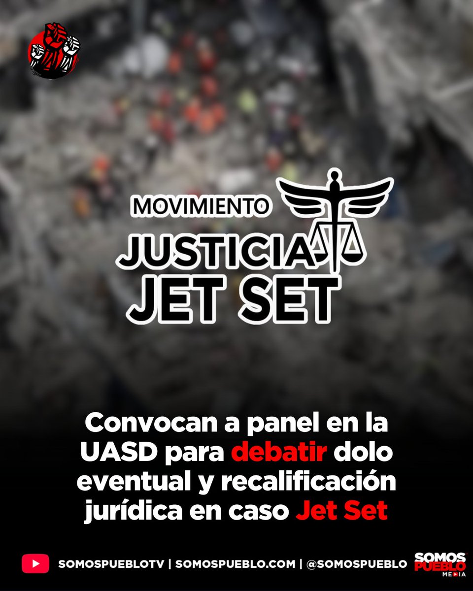 RDSomosPueblo's tweet photo. El Movimiento Justicia Jet Set anunció la celebración del panel titulado "El límite entre la culpa y el dolo eventual: Una mirada penal y social al caso Jet Set". El evento académico y de análisis jurídico se llevará a cabo este miércoles 10 de junio de 2026, desde la 1:00 p. m. hasta las 6:00 p. m., en el Paraninfo Profesor Ricardo Mitchell de la Facultad de Ciencias Económicas y Sociales de la Universidad Autónoma de Santo Domingo (UASD). El objetivo central de la actividad es analizar los elementos técnicos que, según los organizadores, sustentan la necesidad de una recalificación jurídica del expediente hacia homicidio voluntario con dolo eventual.

El programa oficial de la actividad contará con la participación de destacados especialistas en diversas disciplinas. El bloque inicial incluirá ponencias de carácter técnico y social, destacando la intervención de la periodista Camila García Durán con una investigación sobre alertas previas; la arquitecta Mariela K. Encarnación Báez abordando temas de permisología y aforo; la doctora Natasha Ramírez en el área de criminología forense; y el ingeniero Andrik Soto analizando el riesgo estructural de la edificación. Asimismo, los aspectos doctrinarios del dolo eventual serán debatidos por juristas como el doctor Yan Carlos Martínez Segura y el doctor Juan Tomás Vargas Decamps.

Amplía esta y otras noticias en nuestra página web https://t.co/LL2u5zFceM 📲.
