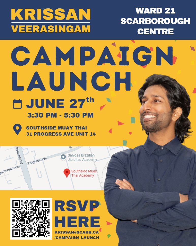 Krissan4Scarb's tweet photo. Scarborough, you're invited to our campaign launch on June 27th! 🎉 This is a big day for us, and we want you to be part of it. 

Please use the link or scan the QR code to RSVP. Let’s make history together! 

#CampaignLaunch #election #Toronto #Scarborough #Krissan4scarb https://t.co/xgQkSdnLrl