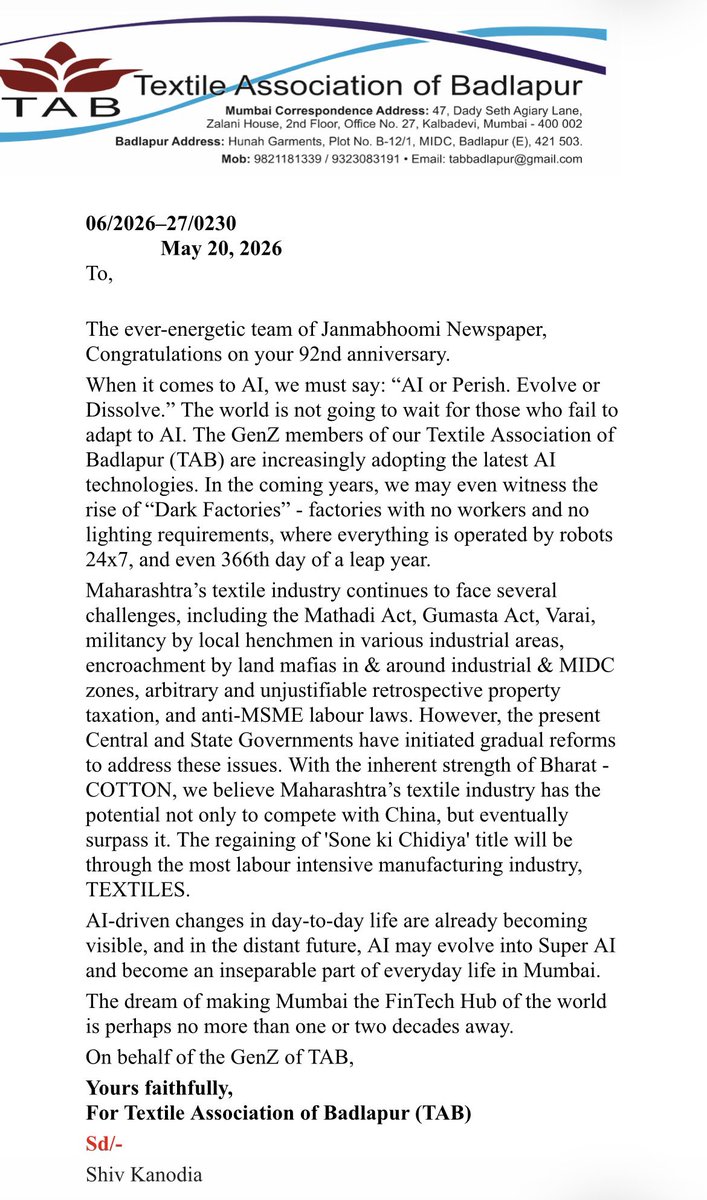 TBadlapur's tweet photo. Congratulations @JanmabhoomiGrp 92nd anniversary.
“AI or Perish. Evolve or Dissolve” #GenZ of Textile Association of #Badlapur  adopting latest AI tech. They’ll “Dark Factories” -factories with no workers.
Challenges of Mathadi Act, Gumasta Act,Varai, militancy in industrial..2/. https://t.co/s6LS2FG0om