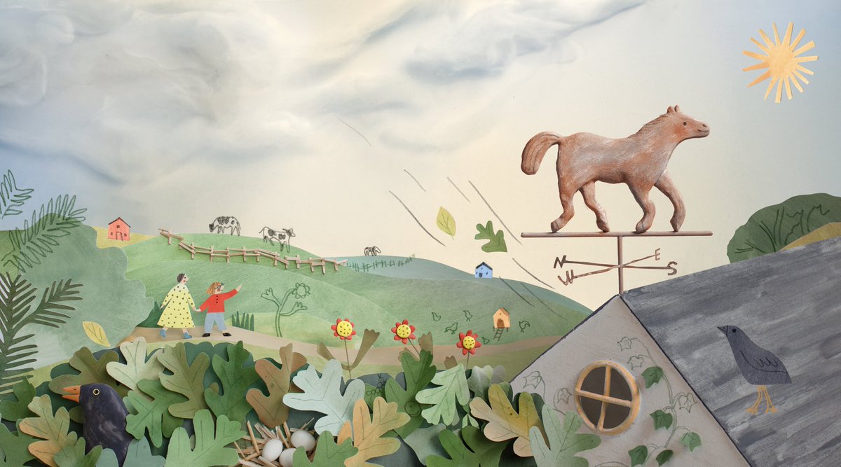 pophiesage's tweet photo. Weathervane 🐎 mixed media 3d diorama, photographed and formatted for print. Mostly cut paper and clay. The clouds are wool ☁️ https://t.co/cG695MBIg9