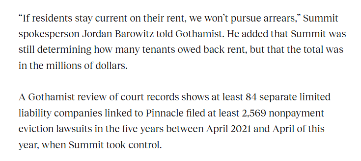 DavidFBrand's tweet photo. Company Summit Properties says it'll forgive rent arrears for tenants in the 5,100+ NYC apartments it purchased in a high-profile bankruptcy sale earlier this year

It could be a lot of $

I counted more than 2,500 nonpayment cases filed by previous owner Pinnacle since Apr 2021 https://t.co/vBf7FkvUYt