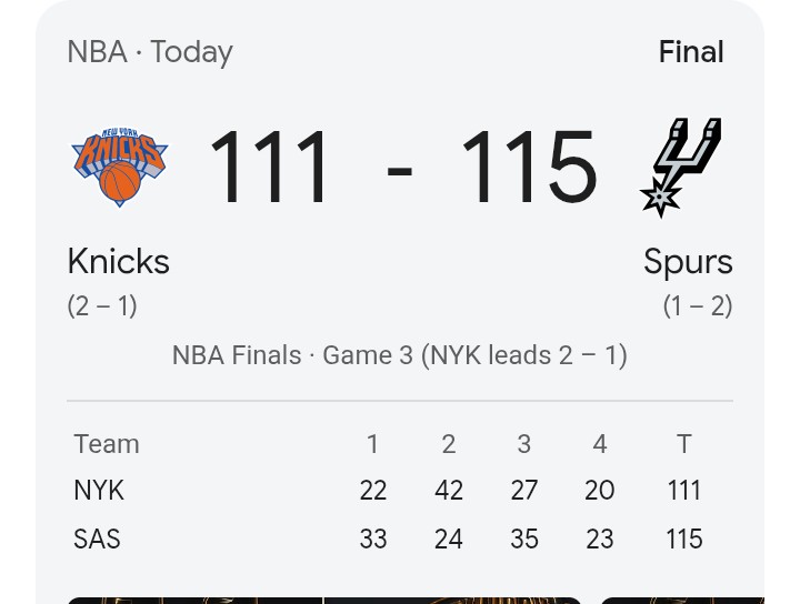 PrimeEnergy33's tweet photo. The final score between 𝐊𝐍𝐈𝐂𝐊𝐒 and 𝐒𝐏𝐔𝐑𝐒 seems to indicate something very important for those with eyes too see

The score combined:
111+115 = 𝟐𝟐𝟔

Are they refering to 𝟐𝟎𝟐𝟔?

Are they indicating 𝐊𝐍𝐈𝐂𝐊𝐒 will be 𝐂𝐇𝐀𝐌𝐏𝐈𝐎𝐍𝐒 in 7s

Look at the kit numbers both 𝐁𝐑𝐔𝐍𝐒𝐎𝐍 and 𝐖𝐄𝐌𝐁𝐘 is wearing? 

YES. 𝟏𝟏 and 𝟏 as in 𝟏𝟏𝟏

AND WHO SCORED 𝟏𝟏𝟏 POINTS?

NBA HAS 𝐂𝐀𝐋𝐋𝐄𝐃 𝐈𝐓